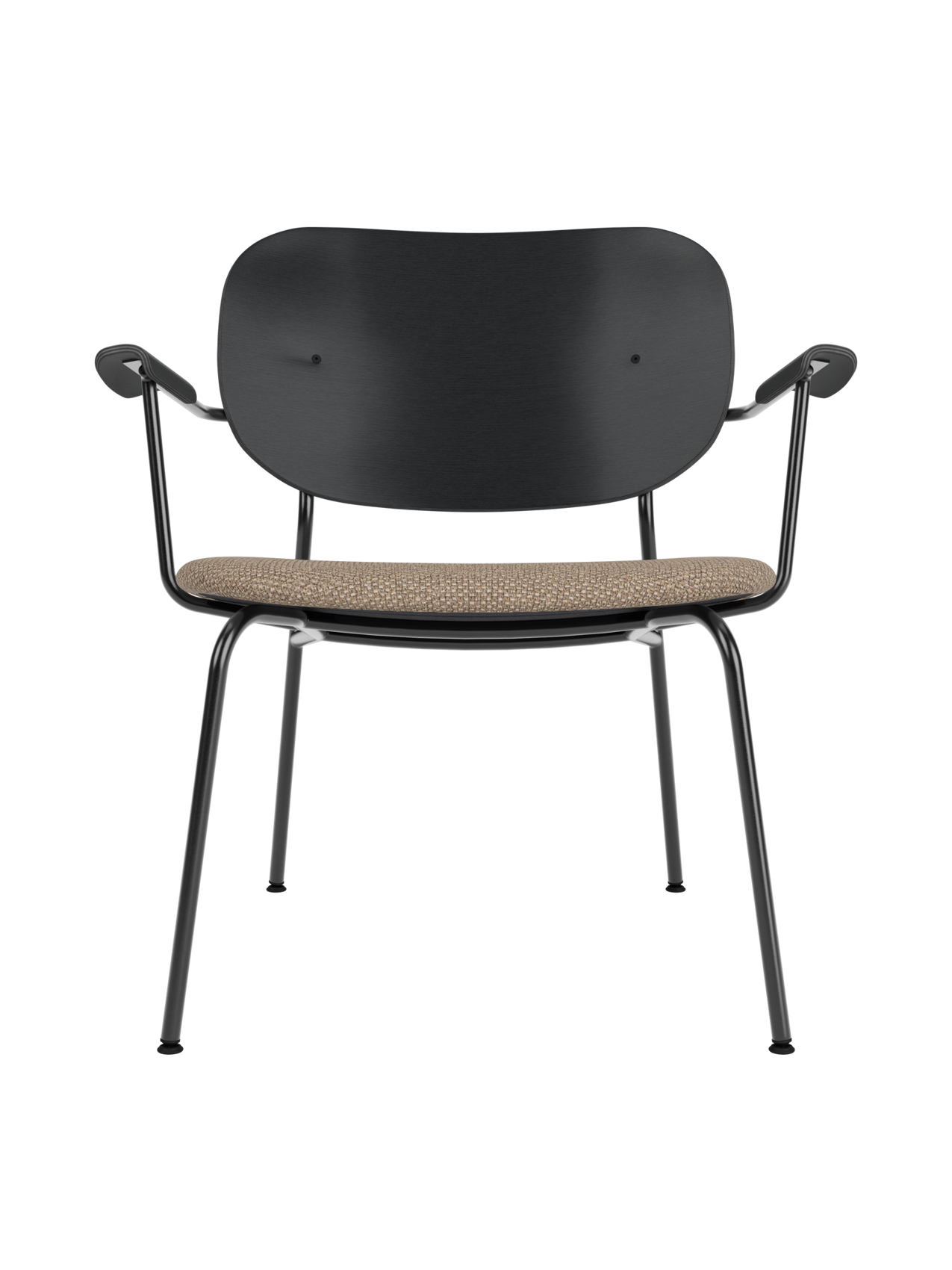 Co Lounge Chair with a black painted oak backrest and Logan Flint upholstered seat on a slender black steel frame.