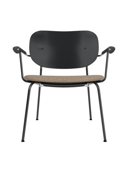 Co Lounge Chair with a black painted oak backrest and Logan Flint upholstered seat on a slender black steel frame.