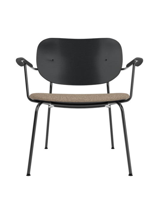 Co Lounge Chair with a black painted oak backrest and Logan Flint upholstered seat on a slender black steel frame.