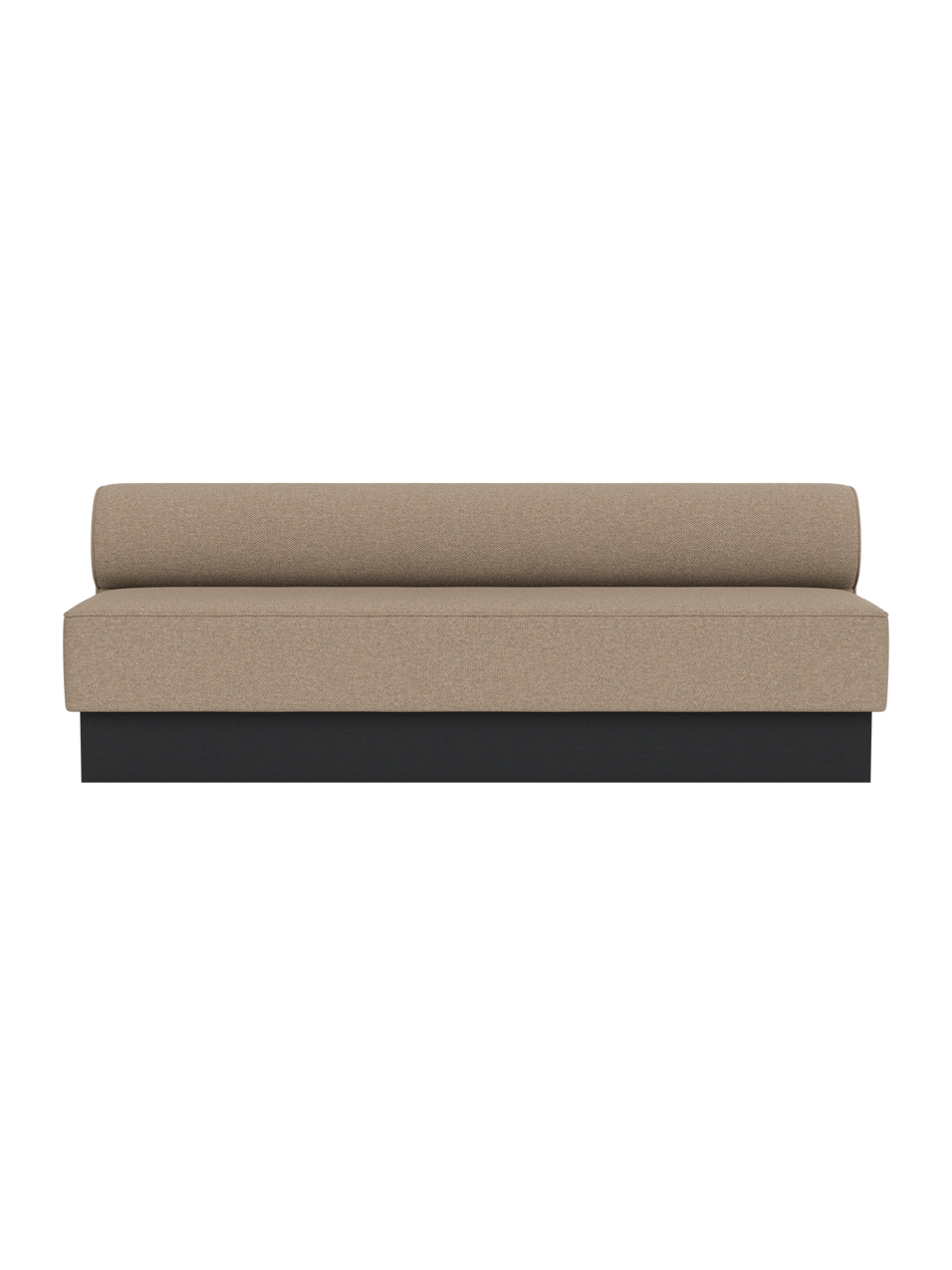 Eave Dining Sofa, Plateau in Logan Flint upholstery with a black painted oak base, viewed from the front.