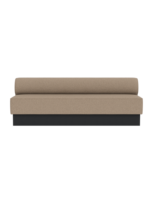 Eave Dining Sofa, Plateau in Logan Flint upholstery with a black painted oak base, viewed from the front.
