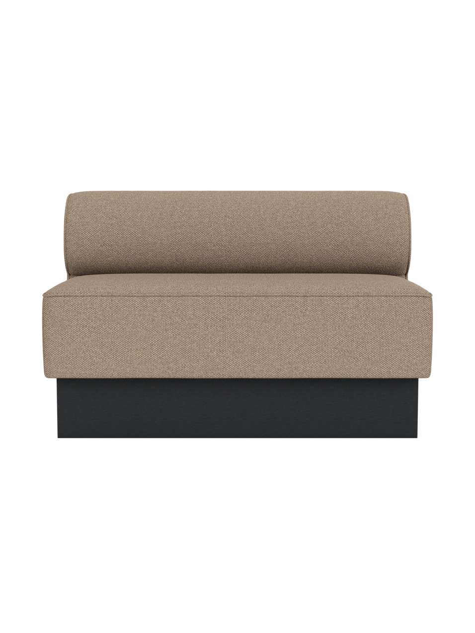 Eave Dining Sofa, Plateau upholstered in Logan Flint fabric with a black painted oak base, isolated on a plain background.