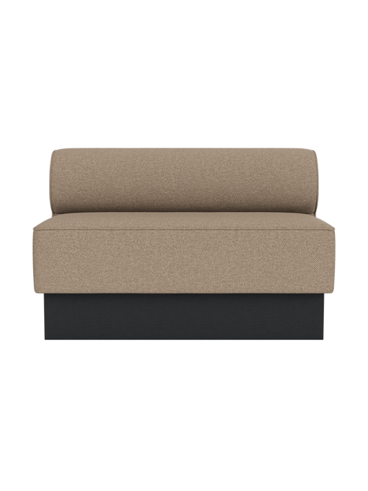 Eave Dining Sofa, Plateau upholstered in Logan Flint fabric with a black painted oak base, isolated on a plain background.