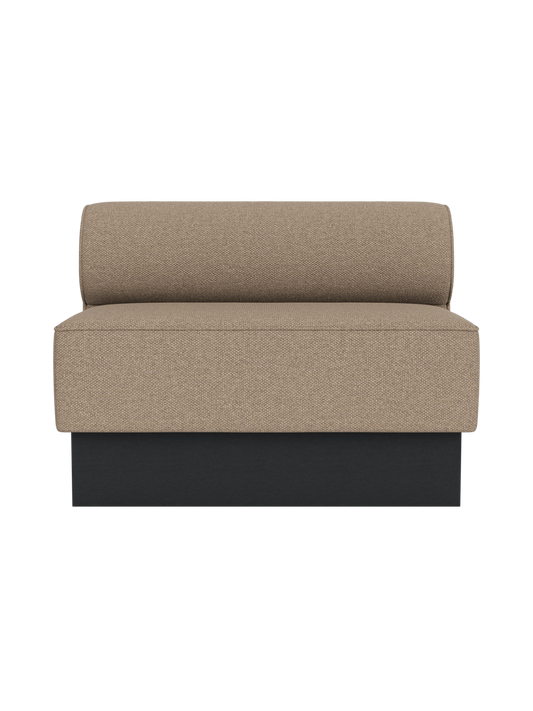 Eave Dining Sofa, Plateau in Logan Flint upholstery with a black painted oak base, viewed from the front.
