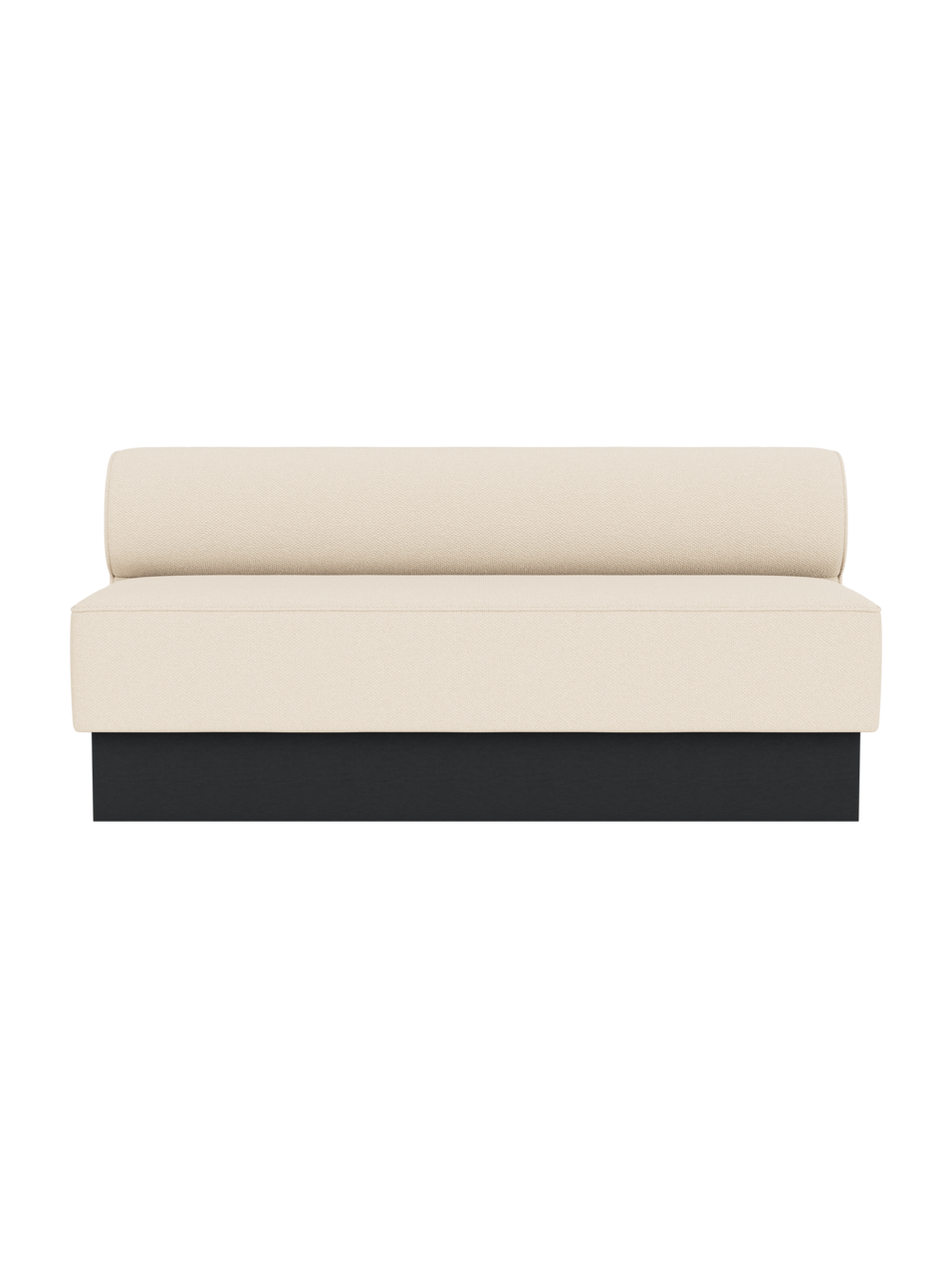 Eave Dining Sofa in Logan Jasmine upholstery with black painted oak base, viewed from the front.