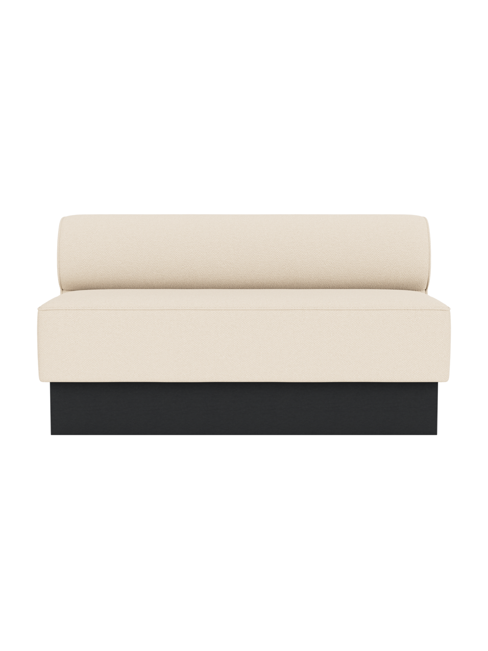 Eave Dining Sofa, Plateau upholstered in Logan Jasmine fabric with a black painted oak base.