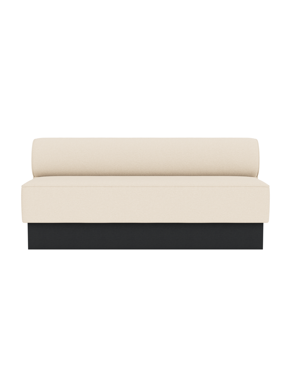 Eave Dining Sofa, Plateau in Logan Jasmine upholstery with a black painted oak base, viewed from the front.