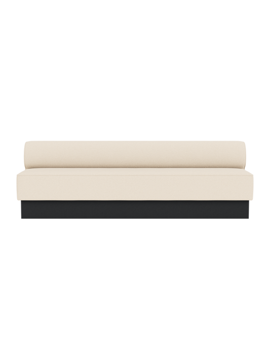 Eave Dining Sofa, Plateau in Logan Jasmine upholstery with a black painted oak base, shown from a front view.
