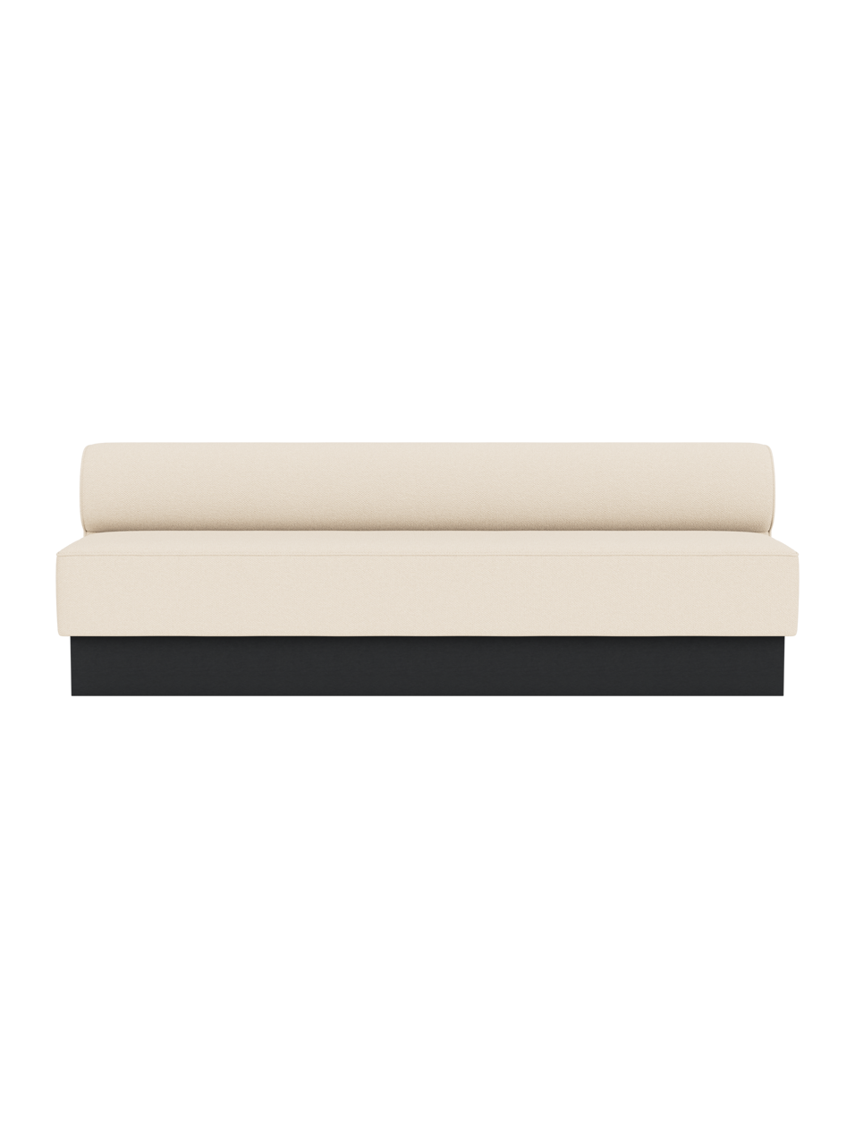 Eave Dining Sofa, Plateau in Logan Jasmine upholstery with a black painted oak base, shown from a front angle.