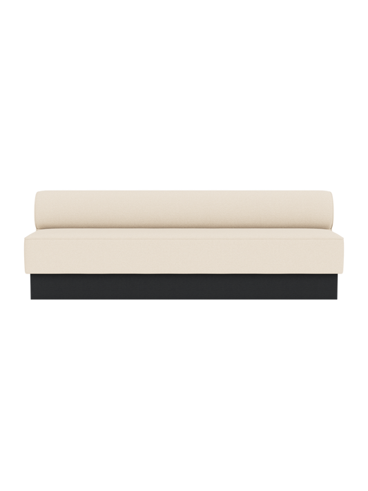 Eave Dining Sofa, Plateau in Logan Jasmine upholstery with a black painted oak base, shown from a front angle.