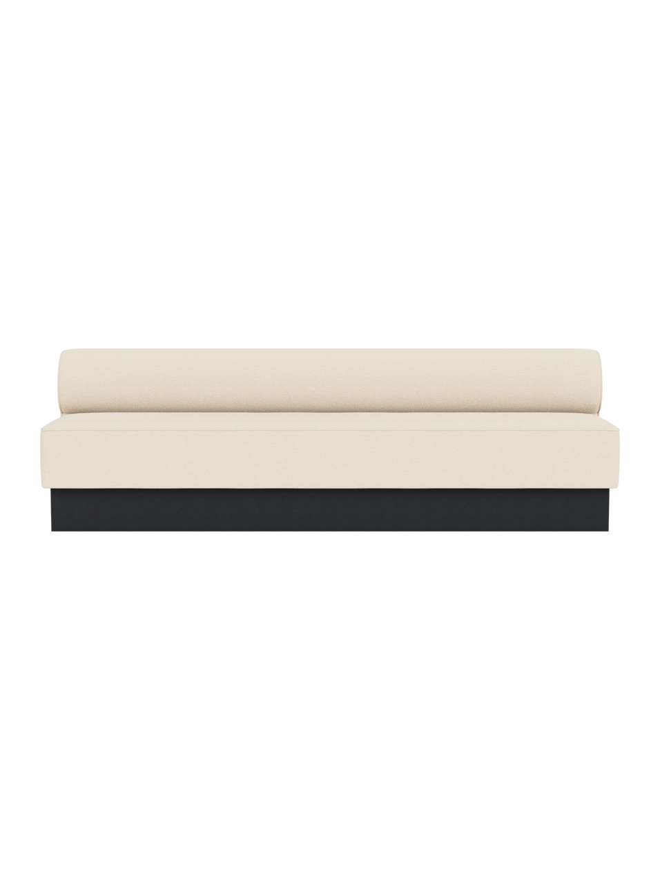 Eave Dining Sofa, Plateau in Logan Jasmine upholstery with a black painted oak base, viewed from the front.