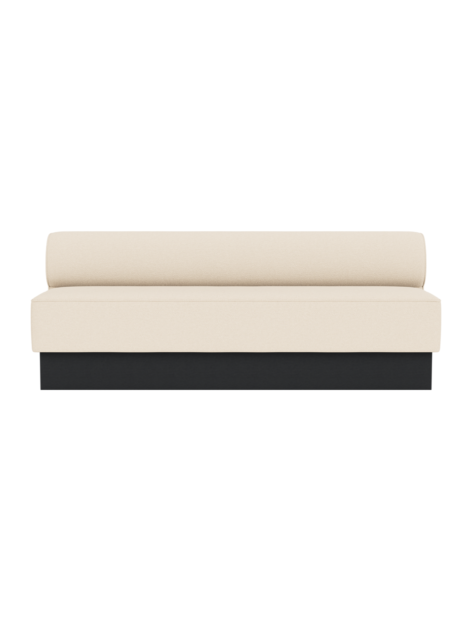 Eave Dining Sofa, Plateau in Logan Jasmine upholstery with a black painted oak base, viewed from the front.