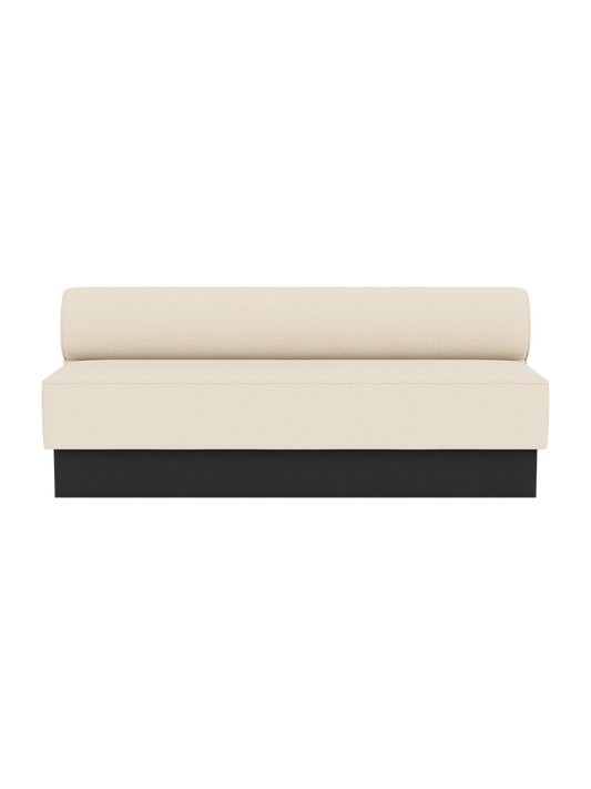 Eave Dining Sofa, Plateau upholstered in Logan Jasmine fabric with a black painted oak base.