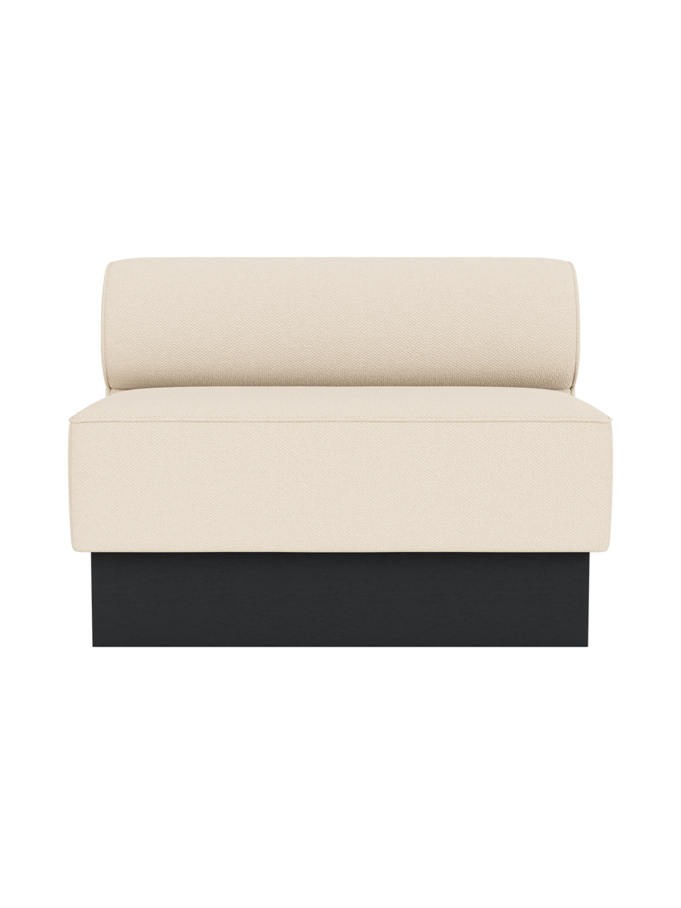Eave Dining Sofa, Plateau in Logan Jasmine upholstery with a black painted oak base, viewed from the front.
