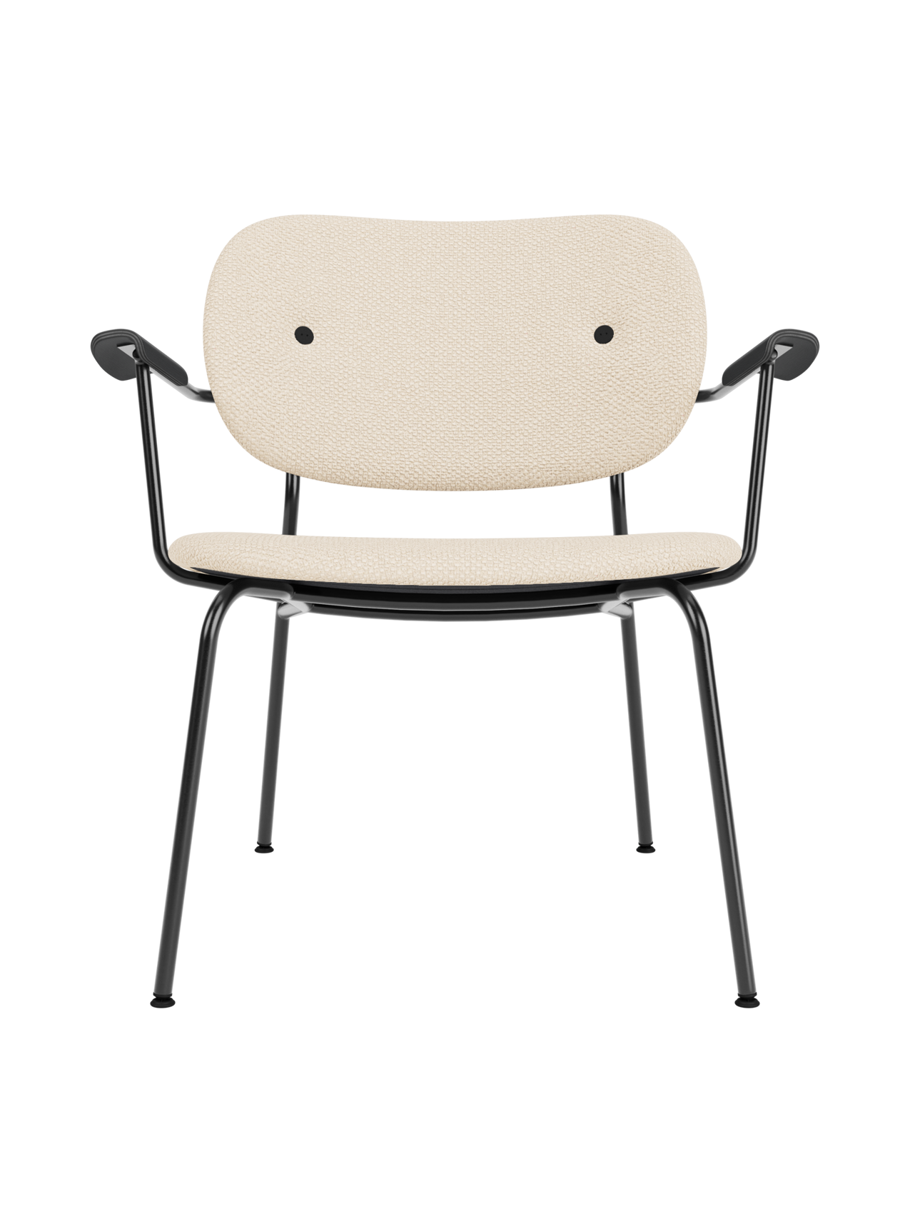 Fully upholstered Co Lounge Chair in Logan Jasmine fabric with black painted oak armrests and a slender steel frame.