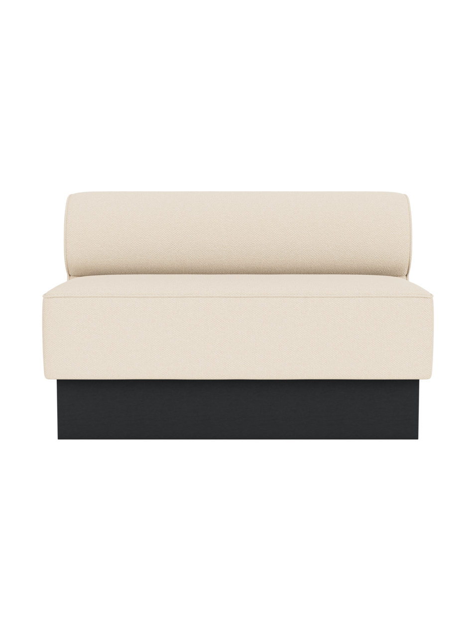Eave Dining Sofa, Plateau in Logan Jasmine upholstery with a black painted oak base, viewed from the front.