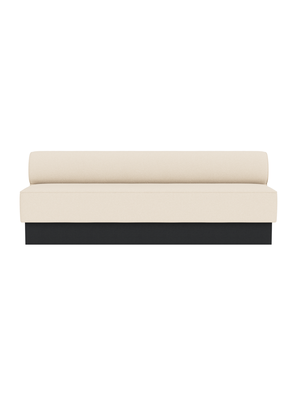 Eave Dining Sofa, Plateau in Logan Jasmine upholstery with a black painted oak base, viewed from the front.