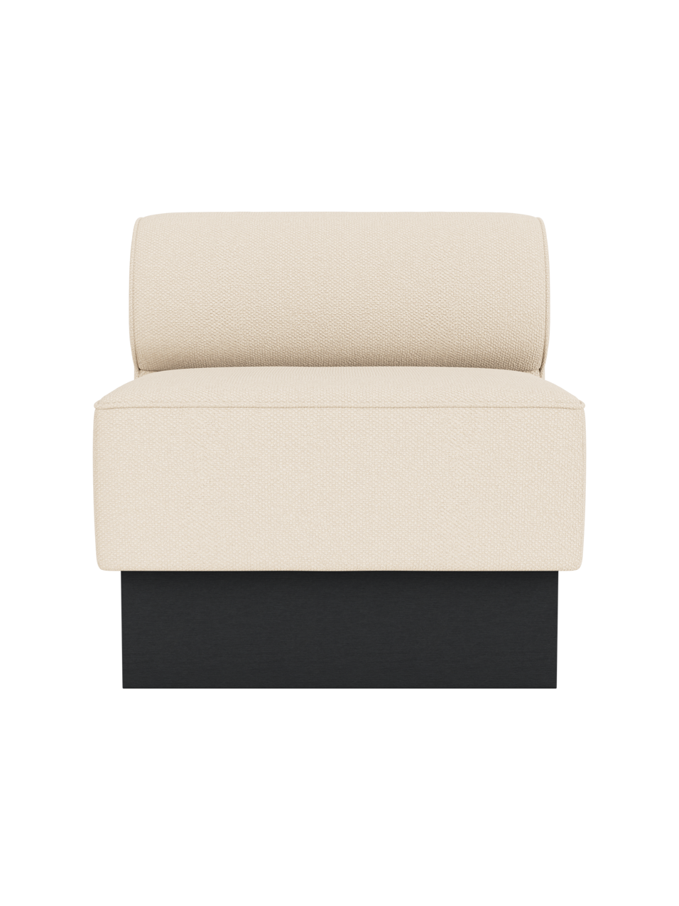 Eave Dining Sofa, Plateau in Logan Jasmine upholstery with black painted oak base, viewed from the front.