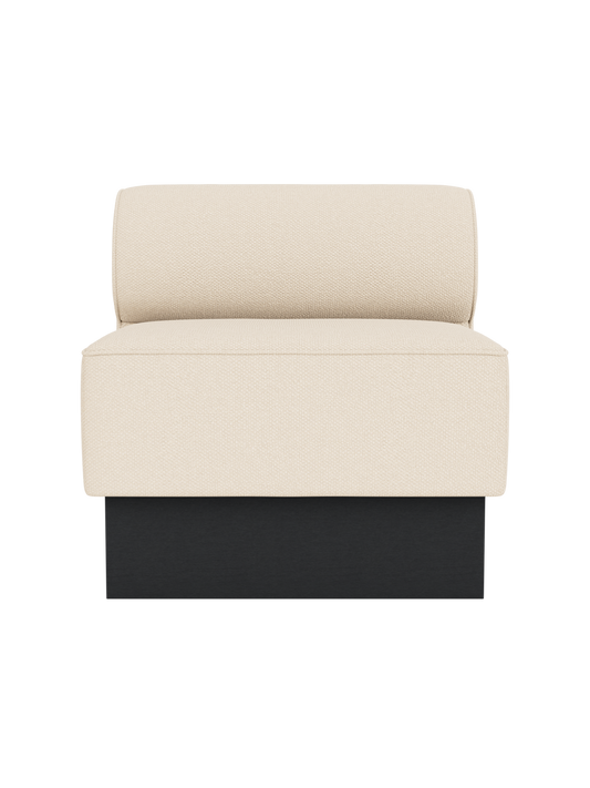 Eave Dining Sofa, Plateau in Logan Jasmine upholstery with black painted oak base, viewed from the front.