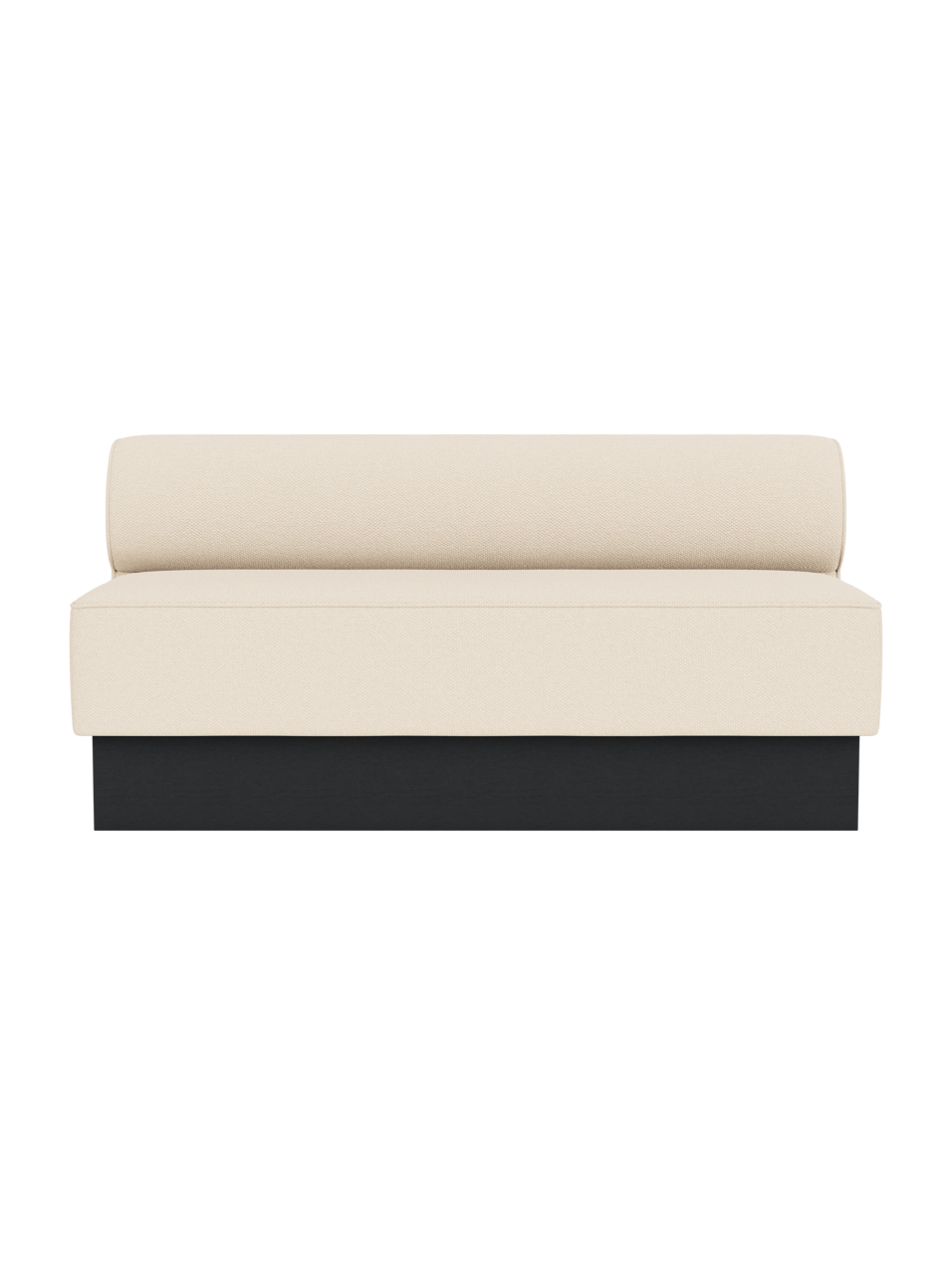 Eave Dining Sofa, Plateau upholstered in Logan Jasmine fabric with a black painted oak base, viewed from the front.