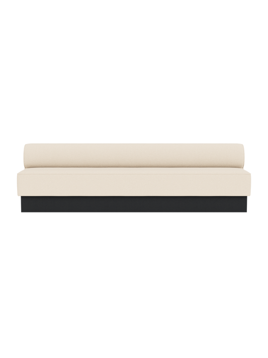 Eave Dining Sofa, Plateau in Logan Jasmine upholstery featuring a black painted oak base.