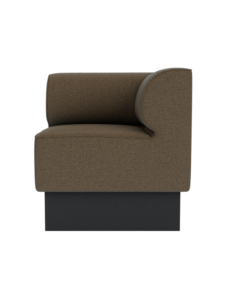 Eave Dining Sofa, Plateau corner module in Logan Nutmeg fabric with a black painted oak base, viewed from the side.