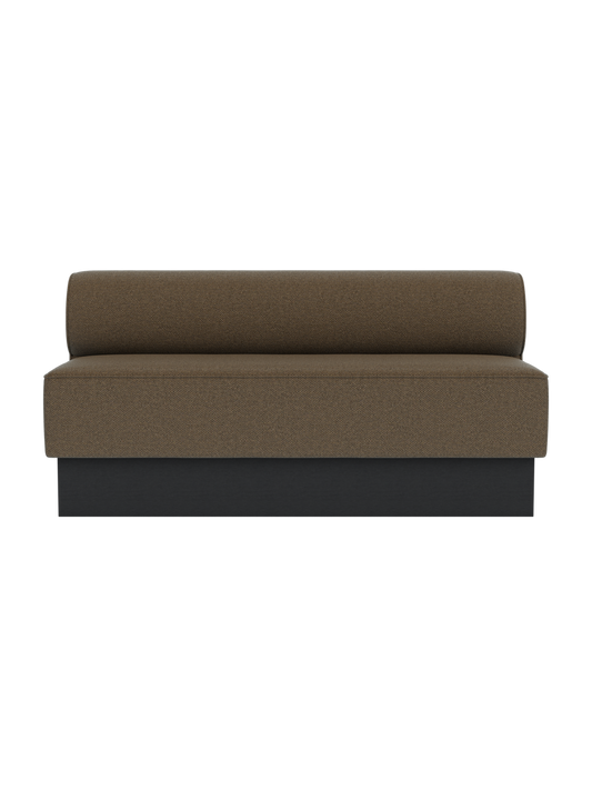 Eave Dining Sofa, Plateau in black painted oak and Logan Nutmeg upholstery, featuring a clean banquette design.