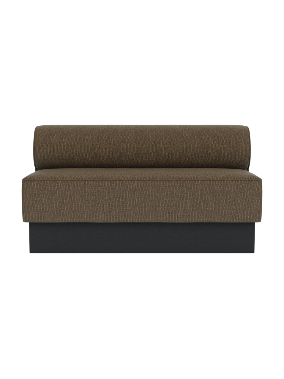 Eave Dining Sofa, Plateau in Logan Nutmeg fabric with black painted oak base, viewed from the front.