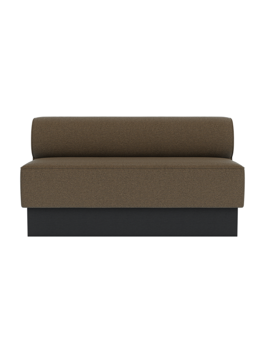Eave Dining Sofa, Plateau in Logan Nutmeg fabric with black painted oak base, viewed from the front.