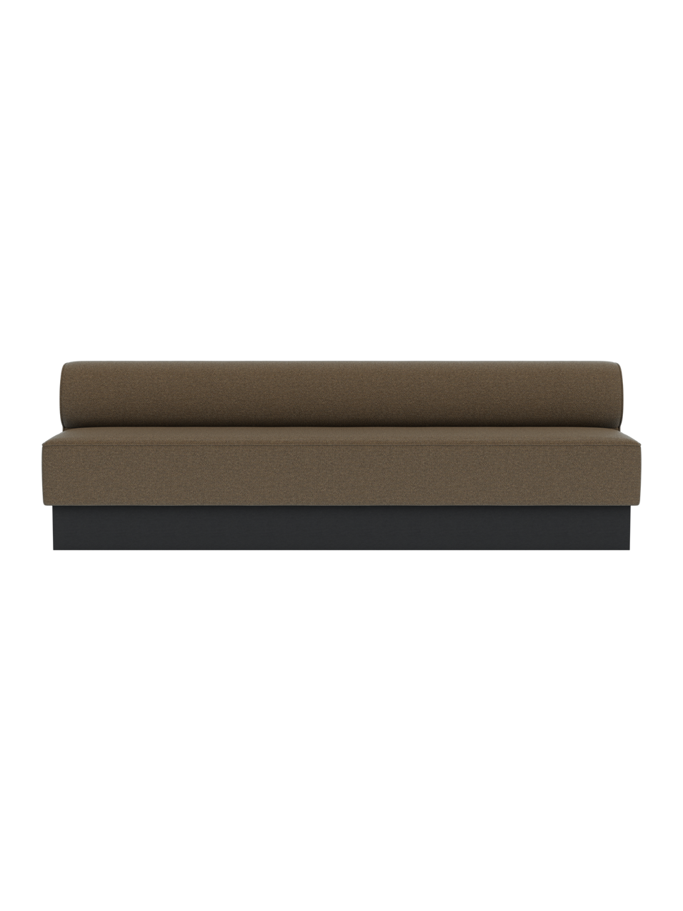 Eave Dining Sofa, Plateau in Logan Nutmeg upholstery with a black painted oak base, viewed from the front.