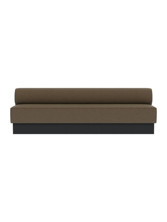 Eave Dining Sofa, Plateau in Logan Nutmeg upholstery with a black painted oak base, viewed from the front.