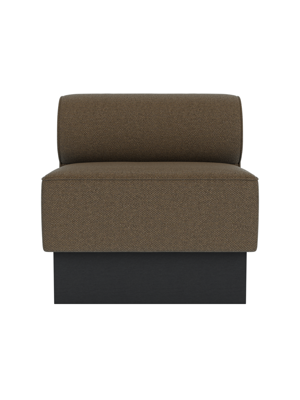 Eave Dining Sofa, Plateau module in Logan Nutmeg fabric with a black painted oak base, viewed from the front.