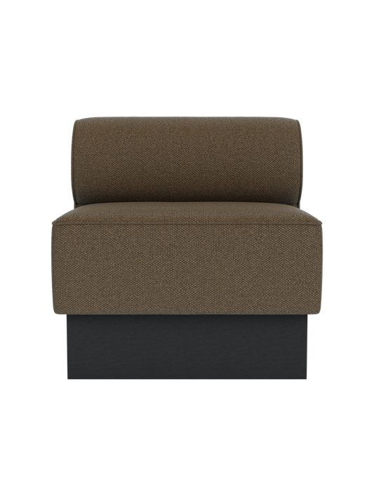 Eave Dining Sofa, Plateau module in Logan Nutmeg fabric with a black painted oak base, viewed from the front.
