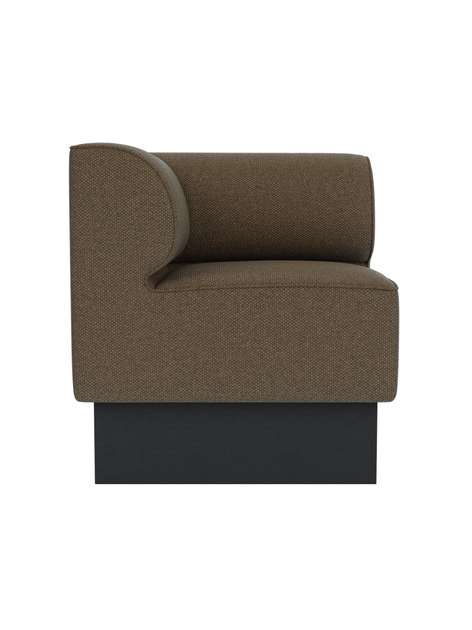 Eave Dining Sofa, Plateau corner module in Logan Nutmeg fabric with a black painted oak base, viewed from the side.