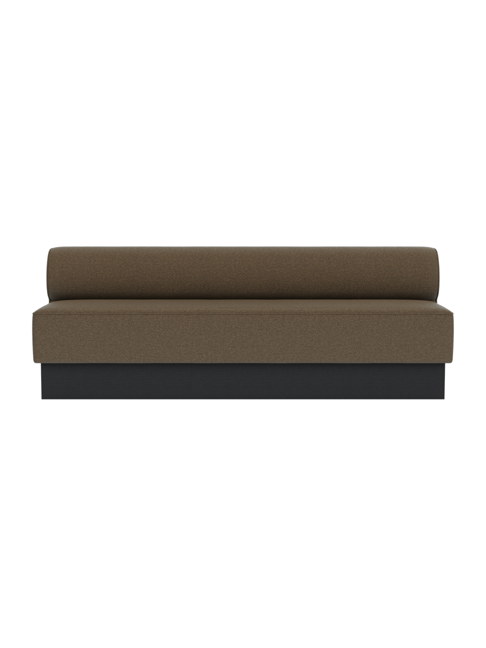 Eave Dining Sofa, Plateau in Logan Nutmeg upholstery with a black painted oak base, viewed from the front.