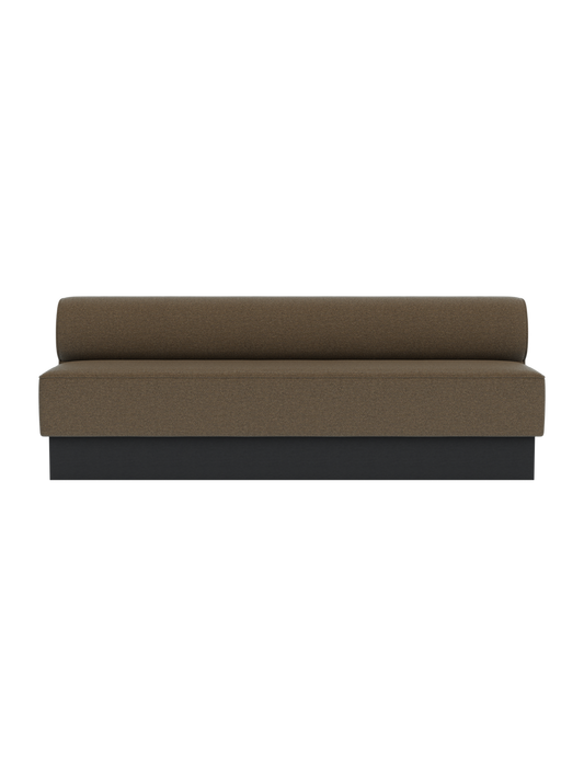 Eave Dining Sofa, Plateau in Logan Nutmeg upholstery with a black painted oak base, viewed from the front.