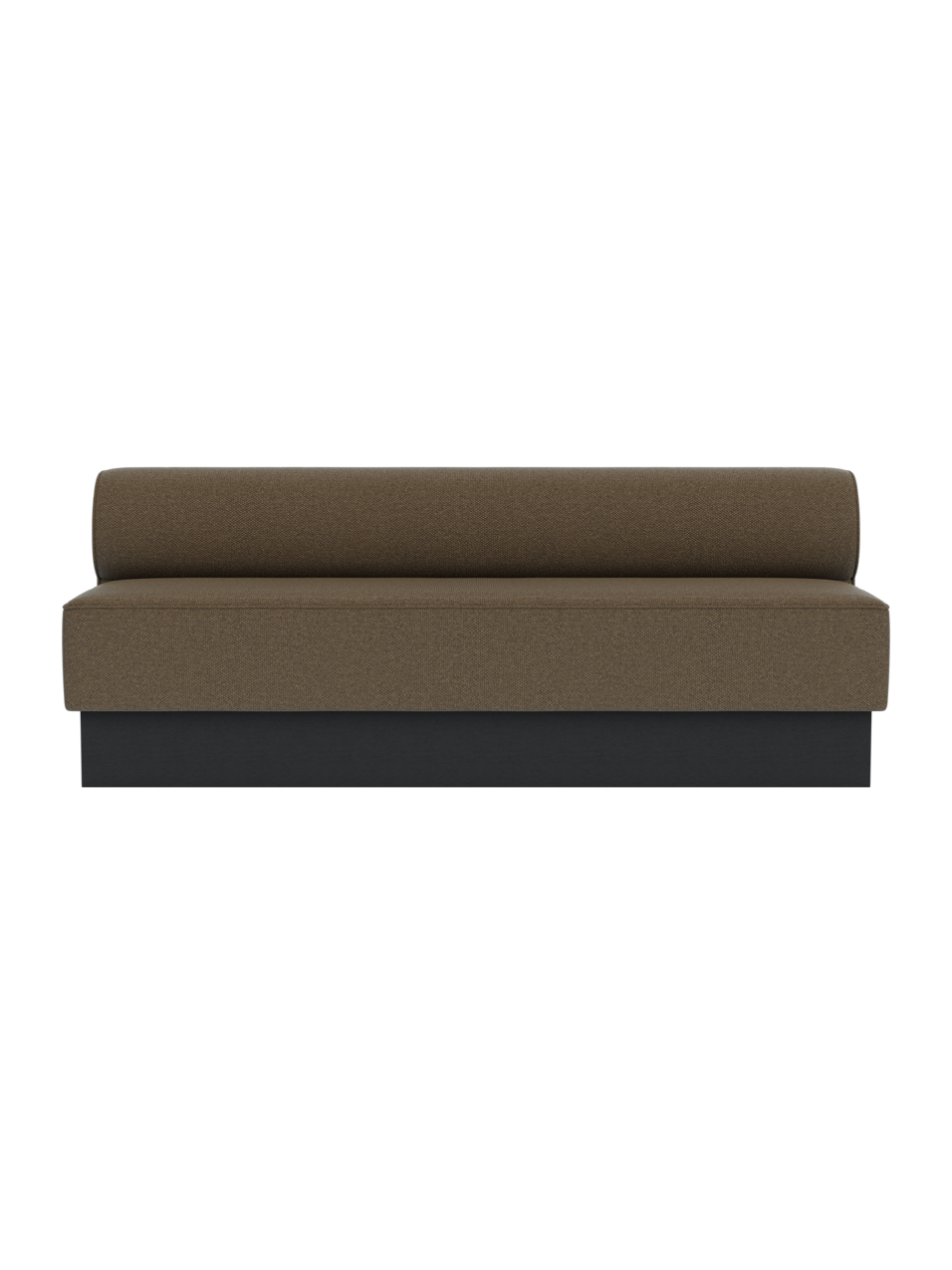 Eave Dining Sofa, Plateau in black painted oak and Logan Nutmeg upholstery, shown from the front.
