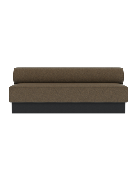 Eave Dining Sofa, Plateau in black painted oak and Logan Nutmeg upholstery, shown from the front.