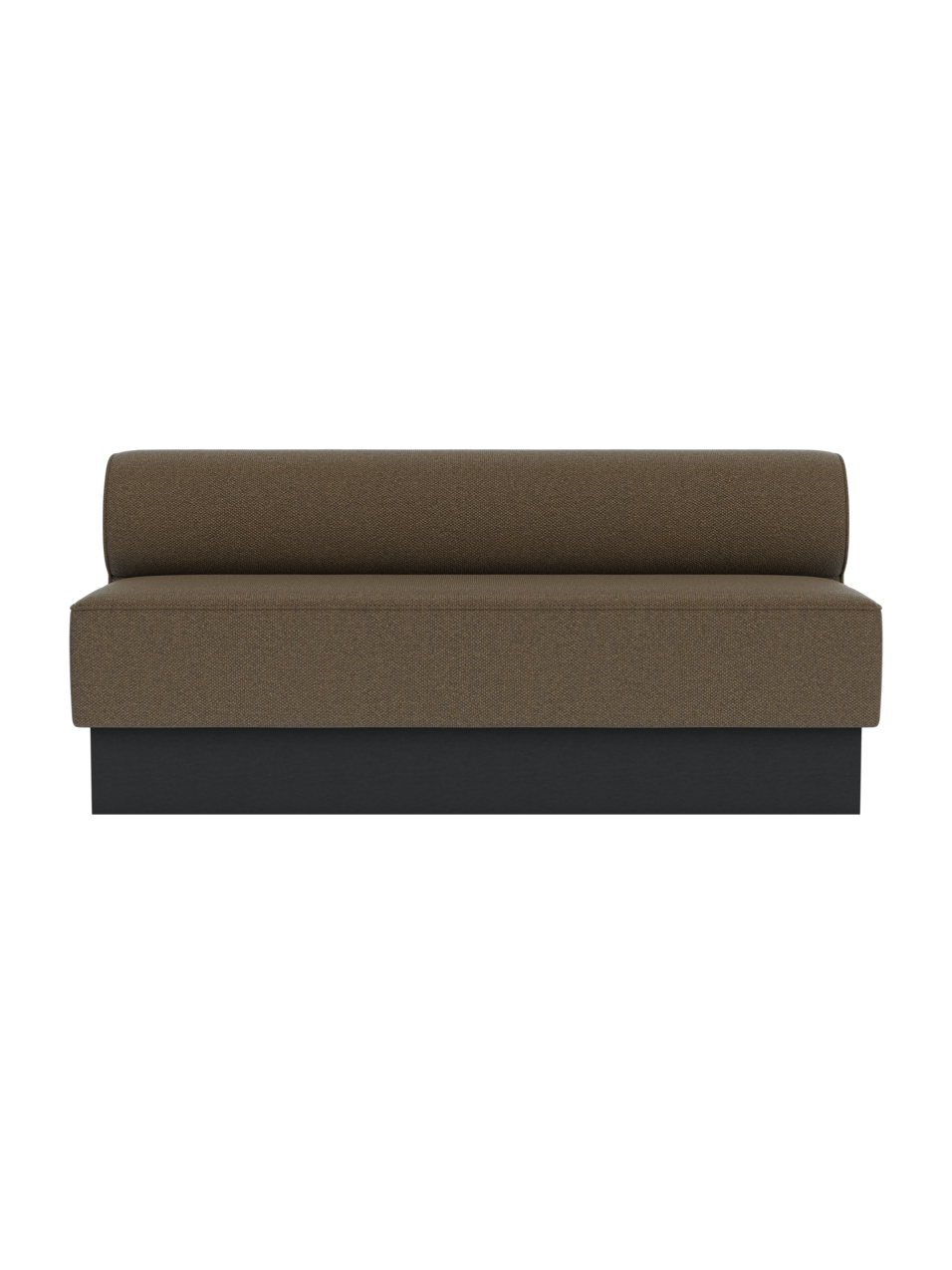 Eave Dining Sofa, Plateau in black painted oak and Logan Nutmeg upholstery, shown from the front.