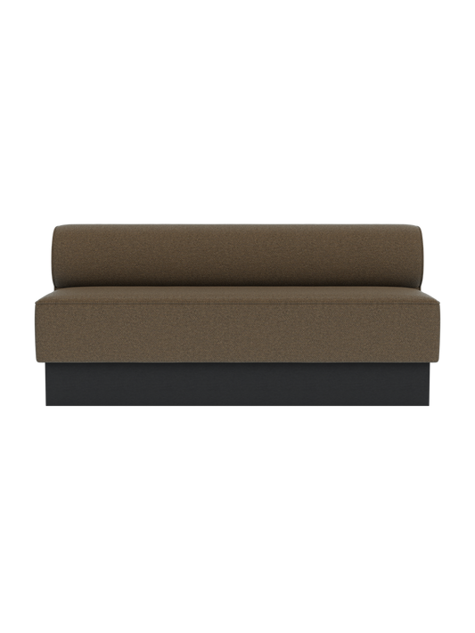Eave Dining Sofa, Plateau in black painted oak and Logan Nutmeg upholstery, shown from the front.