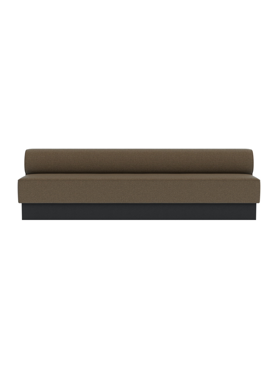 Eave Dining Sofa, Plateau upholstered in Logan Nutmeg fabric, featuring a black-painted oak base against a plain background.