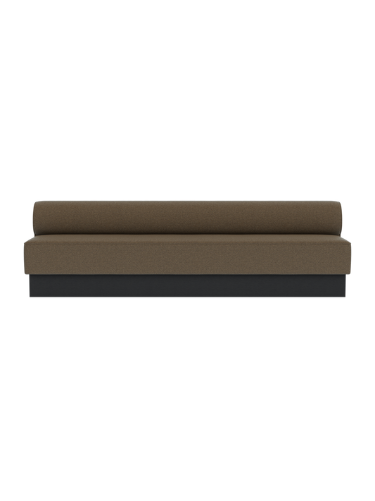 Eave Dining Sofa, Plateau upholstered in Logan Nutmeg fabric, featuring a black-painted oak base against a plain background.