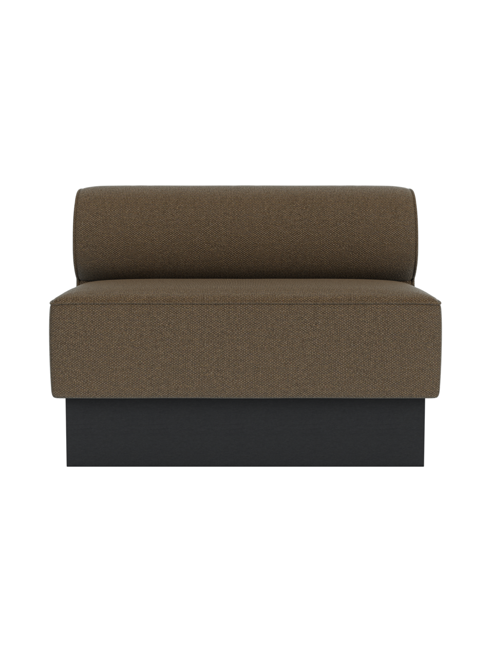 Eave Dining Sofa, Plateau in Logan Nutmeg fabric with a black painted oak base, viewed from the front.