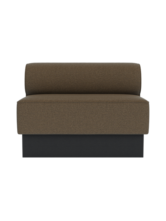 Eave Dining Sofa, Plateau in Logan Nutmeg fabric with a black painted oak base, viewed from the front.