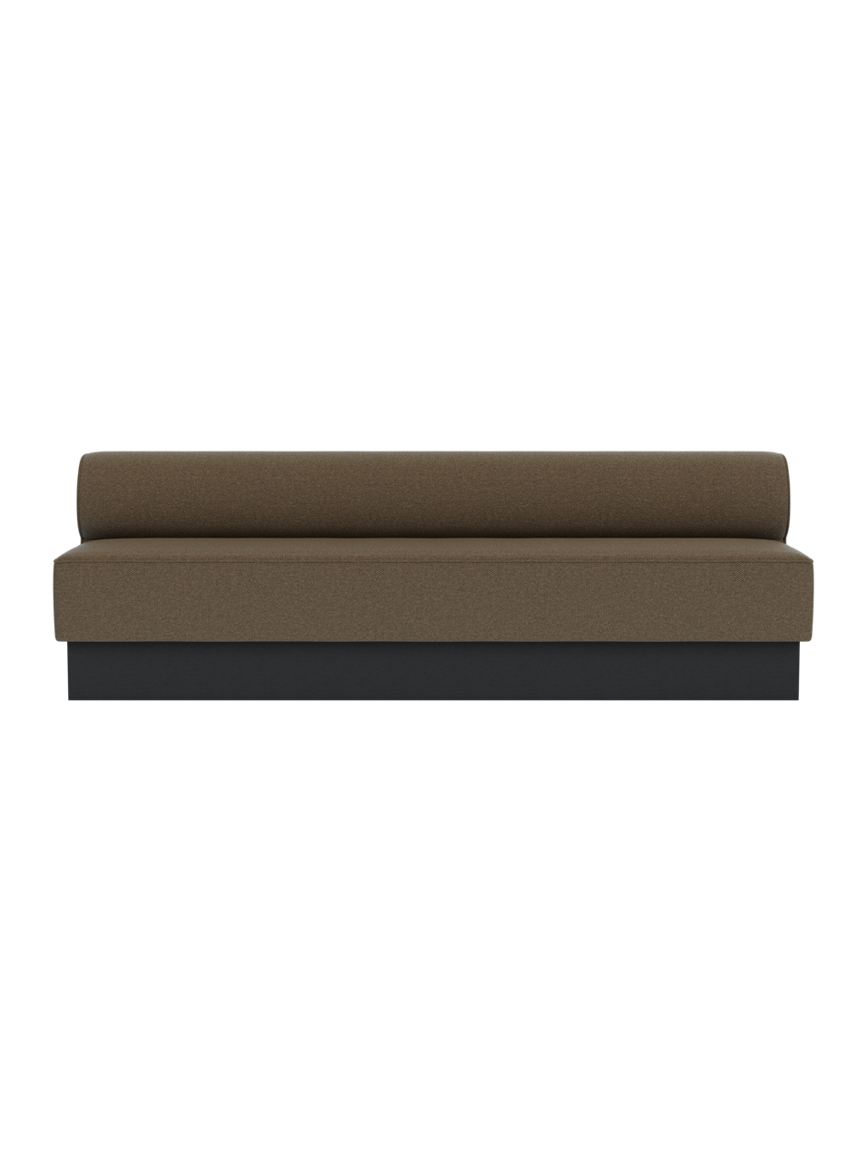 Eave Dining Sofa, Plateau in black painted oak with Logan Nutmeg upholstery, shown from the front.