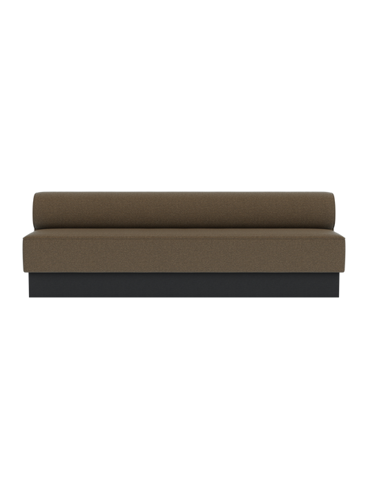 Eave Dining Sofa, Plateau in black painted oak with Logan Nutmeg upholstery, shown from the front.