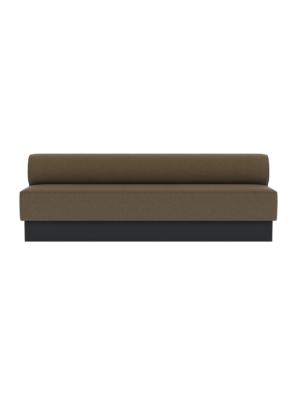 Eave Dining Sofa, Plateau in Logan Nutmeg upholstery with a black painted oak base, viewed from the front.