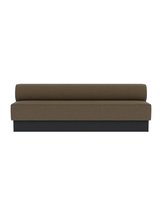 Eave Dining Sofa, Plateau in Logan Nutmeg upholstery with a black painted oak base, viewed from the front.