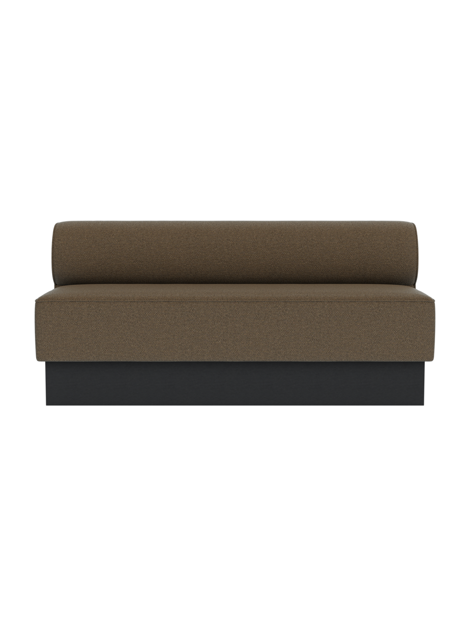 Eave Dining Sofa, Plateau in black painted oak with Logan Nutmeg upholstery, shown from a front view.