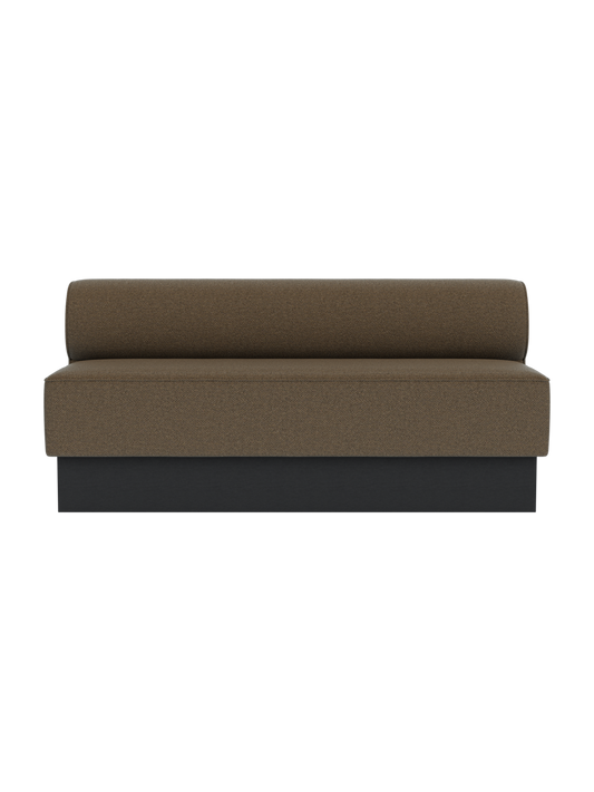 Eave Dining Sofa, Plateau in black painted oak with Logan Nutmeg upholstery, shown from a front view.